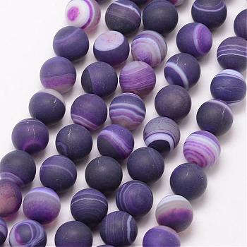 Natural Striped Agate/Banded Agate Bead Strands, Round, Grade A, Frosted, Dyed & Heated, Indigo, 6mm, Hole: 1mm, about 61pcs/strand, 15 inch