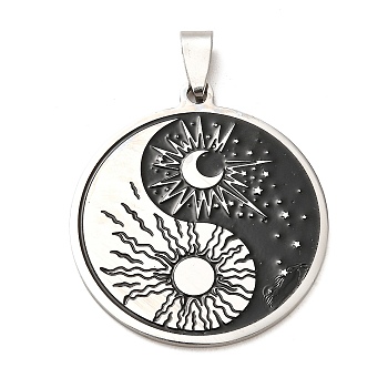 304 Stainless Steel Enamel Yin Yang with Sun & Moon Pendant, Stainless Steel Color, 39x35x1.5mm, Hole: 3.5x8.5mm