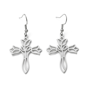 304 Stainless Steel Hollow Out Cross with Flower Dangle Earrings for Women, Stainless Steel Color, 52mm, Pin: 0.7mm
