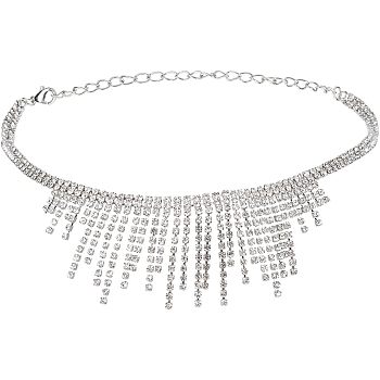 1Pc Zinc Alloy Bib Necklaces, Crystal Rhinestone Tassel Necklace, Platinum, 14.17 inch(36cm)