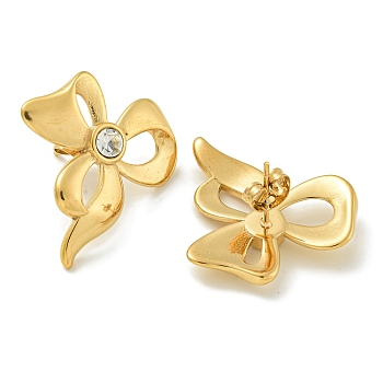 Ion Plating(IP) 304 Stainless Steel with Rhinestone Stud Earrings, Polished, Bowknot, Golden, 27x25.5mm