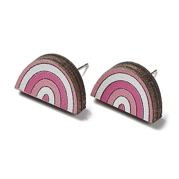 Printing Wood Stud Earrings for Women, with 316 Stainless Steel Pins, Rainbow, Hot Pink, 10.5x17mm