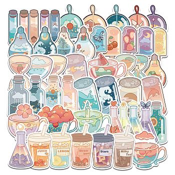 50Pcs Cartoon Drink Bottle Waterproof PVC Adhesive Sticker, for Suitcase, Skateboard, Refrigerator, Helmet, Mobile Phone Shell, Mixed Color, 30~60mm