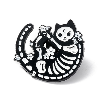 Skeleton Cat Enamel Pin, Halloween Alloy Brooch for Backpack Clothes, Electrophoresis Black, White, 28.5x30x1.5mm