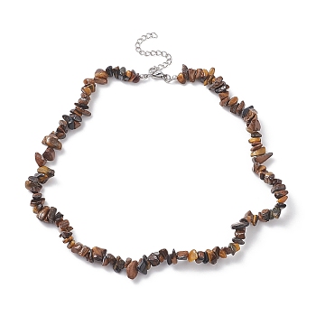 Natural Tiger Eye Chip Beaded Necklaces, 304 Stainless Steel Jewelry for Women, 15.24''(38.7cm)