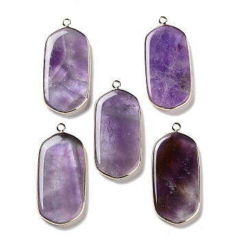 Natural Amethyst Pendants, Light Gold Plated Brass Rectangle Charms, 47~48x22~22.5x4~4.5mm, Hole: 2mm