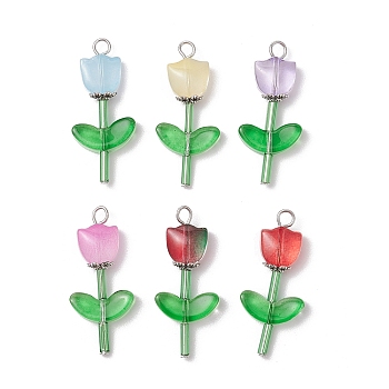 Transparent Glass Beads with Tibetan Style Alloy Caps and Glass Bugle Beads and Brass Flat Head Pins Pendants, Flower, 32x14x6mm, Hole: 2.5mm