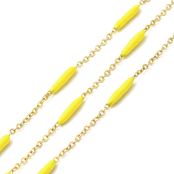 Enamel Column Link Chains, with Ion Plating(IP) Golden 304 Stainless Steel Cable Chains, Unwelded, with Spool, Yellow, 14~17x2~3mm and 1.5x2x0.5mm, about 32.81 Feet(10m)/Roll