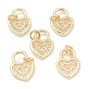 Brass Clear Cubic Zirconia Charms, Long-Lasting Plated, with Jump Ring, Heart, Golden, 12.5x9x2mm, Hole: 4X3.5mm