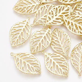 Brass Pendants, Cut-Out, Leaf, Real 18K Gold Plated, 23x13x1mm, Hole: 0.8mm