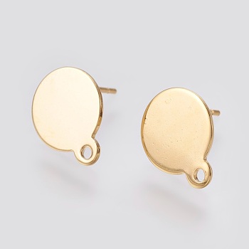 304 Stainless Steel Stud Earring Findings, with Loop and Flat Plate, Real 24K Gold Plated, 13x10.5x0.5mm, 12mm, Pin: 0.8mm, Hole: 1.5mm