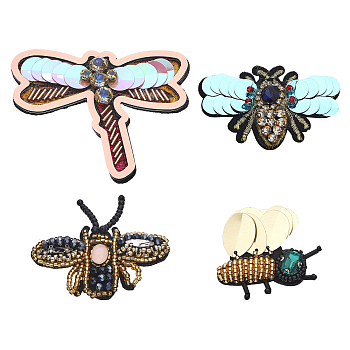 CHGCRAFT 4Pcs 4 Style Cloth Sew on Patches, Beaded Appliques, Badges, with Plastic Beads & Sequins, for Clothes, Dress, Hat, Jeans, DIY Decorations, Dragonfly/Bees Pattern, Mixed Patterns, 33~64x42~80x5.5~9mm, 1pc/style