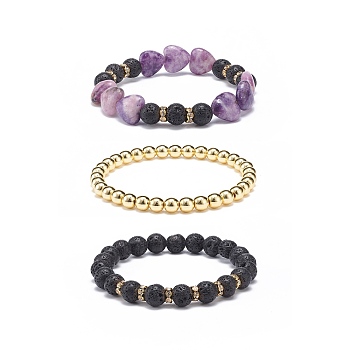3Pcs 3 Style Heart Natural Purple Mica Stone & Lava Rock & Synthetic Hematite Beaded Stretch Bracelets Set, Essential Oil Gemstone Jewelry for Women, Inner Diameter: 2-1/8~2-1/2 inch(5.4~6.2cm), 1Pc/style