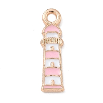Alloy Enamel Pendants, Light Gold, Cadmium Free & Lead Free, Lighthouse Charm, Pink, 18x5x1.5mm, Hole: 1.8mm