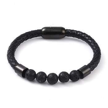 Round Natural Lava Rock Bead Bracelets, Braided Leather Cord Bracelets with Black Tone 304 Stainless Steel Magnetic Clasps, for Men Women, 8 inch(20.3cm), 6~10mm