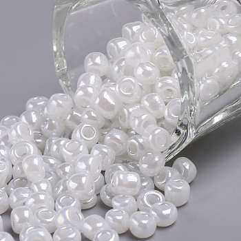6/0 Glass Seed Beads, Ceylon, Round, Round Hole, White, 6/0, 4mm, Hole: 1.5mm, about 500pcs/50g, 50g/bag, 18bags/2pounds