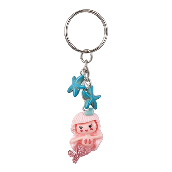 Mermaid Opaque Resin Pendant Keychain, with Starfish Synthetic Turquoise and Iron Split Key Rings, Pink, 8.9cm, pendant: 34x21x8mm