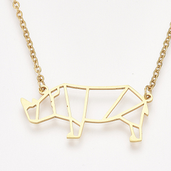 201 Stainless Steel Pendant Necklaces, with Cable Chains, Rhinoceros Shape, Golden, 17.7 inch(45cm), 2mm, Rhinoceros: 17x32x1mm