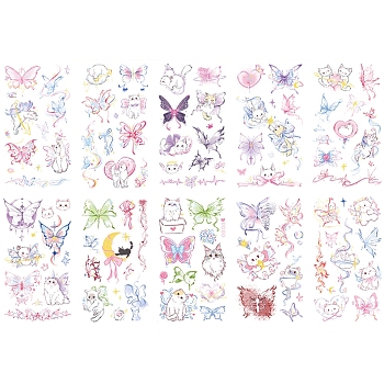 10 Sheets Water Proof Removable Temporary Tattoos Stickers, Body Art Paper Stickers, Butterfly & Cat Pattern, Mixed Color, 12.1x6.9x0.02cm