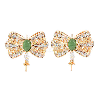 Real 18K Gold Plated Green Bowknot Brass+Cubic Zirconia Stud Earring Findings