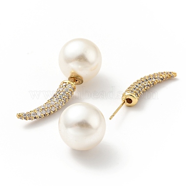 Clear Cubic Zirconia Horn with Acrylic Pearl Front Back Stud Earrings(EJEW-G295-02A-G)-2