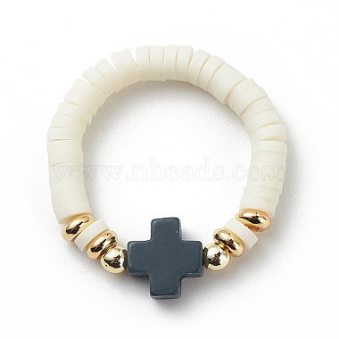 Polymer Clay Heishi & Synthetic Hematite & Synthetic Coral Cross Beaded Stretch Finger Ring for Women(RJEW-JR00526)-4