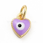 Rack Plating Brass Enamel Charms, with Jump Rings, Cadmium Free & Lead Free, Real 18K Gold Plated, Heart with Evil Eye, Lilac, 9x7x2.6mm, Hole: 3mm(KK-G387-07G-01)