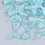 Resin Pendants, with Glitter Powder and Iron Findings, Mermaid Tail Shape, Platinum, Sky Blue, 46x30x6mm, Hole: 2mm(X-CRES-T010-68E)