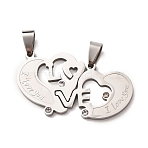 304 Stainless Steel Rhinestone Split Pendants, Couples Pendants, Heart & I Love You Charm, Stainless Steel Color, 24.5x42.5x2mm, Hole: 8x4mm(STAS-F368-16P)