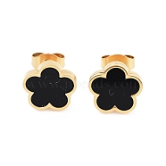 Flower Resin Stud Earrings, Golden Tone 304 Stainless Steel Jewelry for Women, Black, 9.5x10mm(EJEW-K281-01G-03)