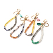 Wood & Gemstone Beaded Bracelet Wristlet Keychains, with Faux Suede Tassel Pendant, Alloy Lobster Claw Clasp, Iron Key Ring, 20.9cm(KEYC-JKC00299)
