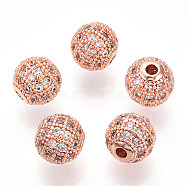 Rack Plating Brass Cubic Zirconia Beads, Long-Lasting Plated, Round, Rose Gold, 8x7mm, Hole: 2mm(ZIRC-S001-8mm-A03)