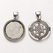 Tibetan Style Alloy Pendant Cabochon Settings, Cadmium Free & Lead Free, Flat Round Carved Compass, Antique Silver, 32x24x3mm, Hole: 5x7mm, Tray: 20mm, about 227pcs/kg(PALLOY-J494-13AS)