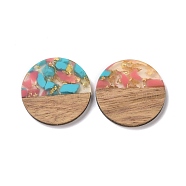 Transparent Resin & Walnut Wood Pendants, with Gold Foil, Flat Round Charm, Sky Blue, 28x3mm, Hole: 2mm(RESI-N025-045D)