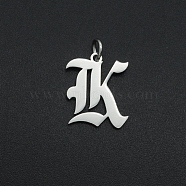 304 Stainless Steel Pendants, with Jump Ring, Old English, Letter, Laser Cut, Stainless Steel Color, Letter.K, 16x14x1mm, Hole: 3mm(STAS-R111-JA565-K)