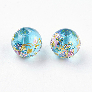Flower Picture Printed Glass Beads, Round, Deep Sky Blue, 8x7mm, Hole: 1mm(GLAA-E399-8mm-D02)