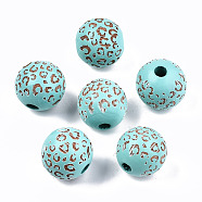 Painted Natural Wood Beads, Laser Engraved Pattern, Round with Leopard Print, Cyan, 15~16x15mm, Hole: 4mm(WOOD-T021-53B-06)