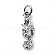 Brass Micro Pave Cubic Zirconia Charms, with Jump Ring, Sea Horse Charms, Platinum, 16x5.5x2.5mm, Hole: 3.2mm(ZIRC-F131-06P)