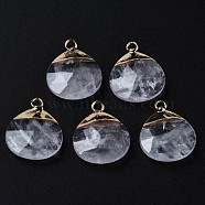Natural Quartz Crystal Pendants, Rock Crystal Pendants, with Golden Brass Findings, Rack Plating, Faceted, Oval, 22x18x5mm, Hole: 2mm(G-Q998-030)