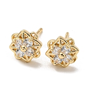 Brass with Clear Cubic Zirconia Stud Earrings, Flower, Light Gold, 9x9mm(EJEW-B035-01KCG)