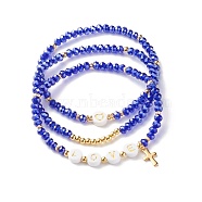 Glass Beads Stretch Bracelets Sets, with Acrylic & Brass Beads, 304 Stainless Steel Cross Charms, Love, Medium Blue, Inner Diameter: 2-1/4 inch(5.7cm), 3pcs/set(BJEW-JB06575-05)