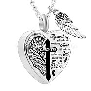 Heart and Wing Urn Ashes Pendant Necklace, Cross with Word Daughter 316L Stainless Steel Memorial Jewelry for Men Women, Word, 18.9 inch(48cm)(BOTT-PW0001-039C)