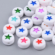 Opaque Acrylic Enamel Beads, Flat Round with Star, Mixed Color, 7x4mm, Hole: 1.5mm(X-MACR-S273-34)