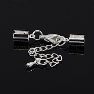 Brass Chain Extender, with Cord Ends and Lobster Claw Clasps, Silver, 36mm, Hole: 4mm, Cord End: 10x5mm, Hole: 4mm(KK-K003-S)
