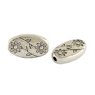 Oval with Flower Tibetan Style Alloy Beads, Cadmium Free & Lead Free, Antique Silver, 10x6x2.5mm, Hole: 1.5mm(X-TIBEB-1199-AS-LF)