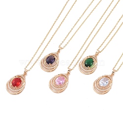 304 Stainless Steel Cable Chain Necklaces, Brass with Cubic Zirconia Pendant Necklaces, Light Gold, Teardrop, Mixed Color, 15.55 inch(395mm)(NJEW-P309-02G)