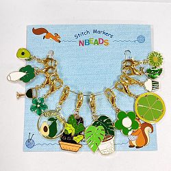 12Pcs 6 Style Green Color Theme Alloy Enamel Pendant Locking Stitch Markers, Zinc Alloy Lobster Claw Clasps Stitch Markers, Plants & Food, Mixed Color, 3.2~4.5cm, 1pc/style(HJEW-AB00141)