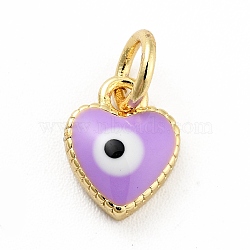 Rack Plating Brass Enamel Charms, with Jump Rings, Cadmium Free & Lead Free, Real 18K Gold Plated, Heart with Evil Eye, Lilac, 9x7x2.6mm, Hole: 3mm(KK-G387-07G-01)