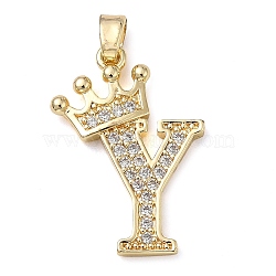 Rack Plating Brass Micro Pave Cubic Zirconia Pendants, Long-Lasting Plated, Lead Free & Cadmium Free, Real 18K Gold Plated, Letter Y, 22~24x12~22x2mm, Hole: 3x4mm(KK-D535-01Y-RS)