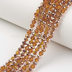 Electroplate Transparent Glass Beads Strands, Half Copper Plated, Faceted, Rondelle, Dark Orange, 8x6mm, Hole: 1mm, about 65~68pcs/strand, 15.7~16.1 inch(40~41cm)(EGLA-A034-T8mm-N16)